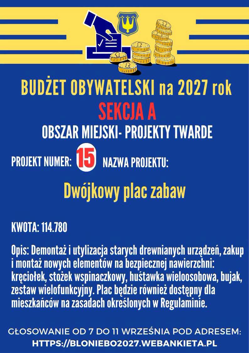 Plakat promocyjny Budżetu Obywatelskiego Błonie 2027 przedstawiający wizualizację odnowionego placu zabaw Dw&oacute;jkowy Plac Zabaw.