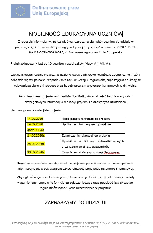 Plakat informacyjny projektu Erasmus+ realizowanego w&nbsp;Szkole Podstawowej nr 2 w&nbsp;Błoniu.