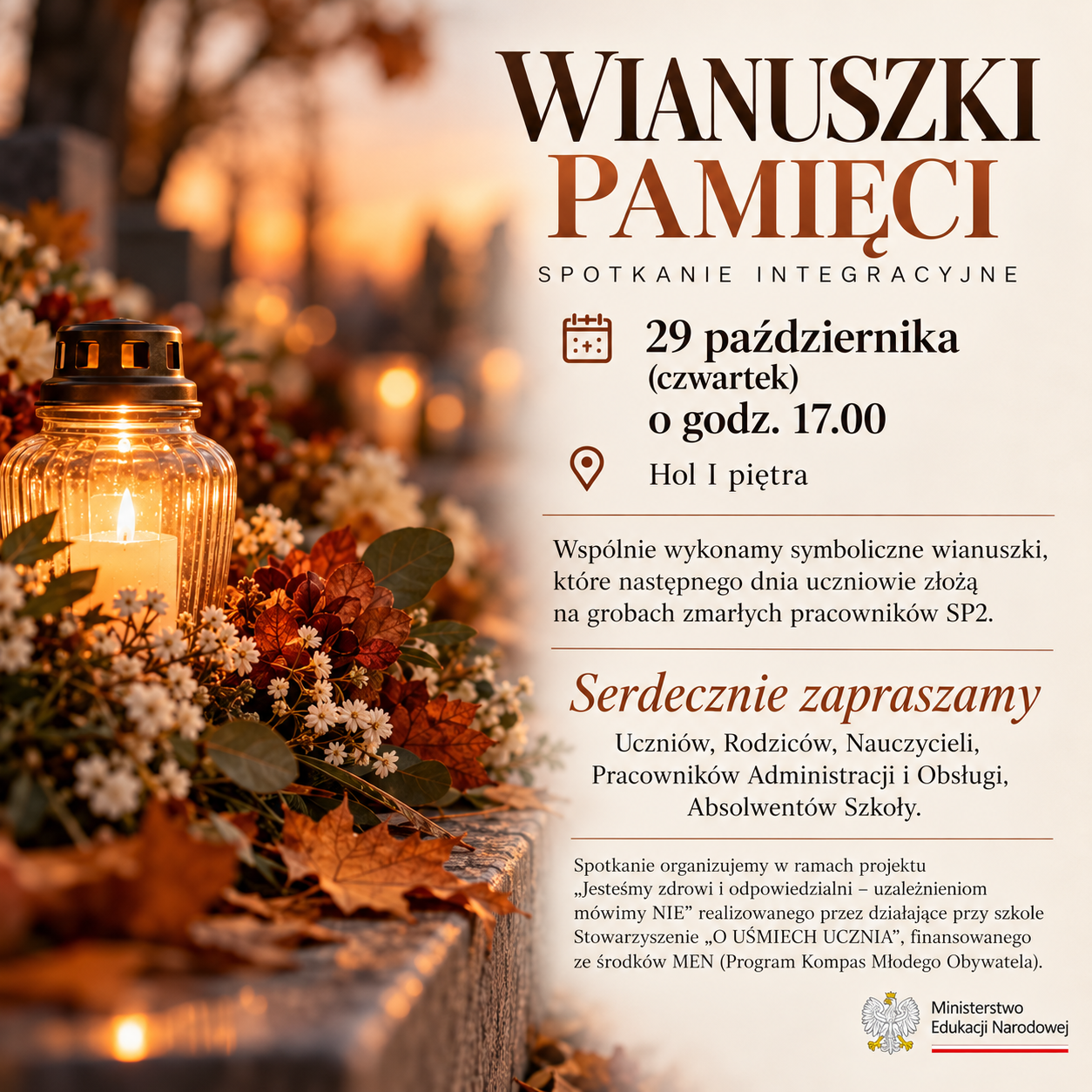 Plakat wydarzenia &bdquo;Wianuszki Pamięci&rdquo; &ndash; 29 października, godz. 17.00, hol I piętra